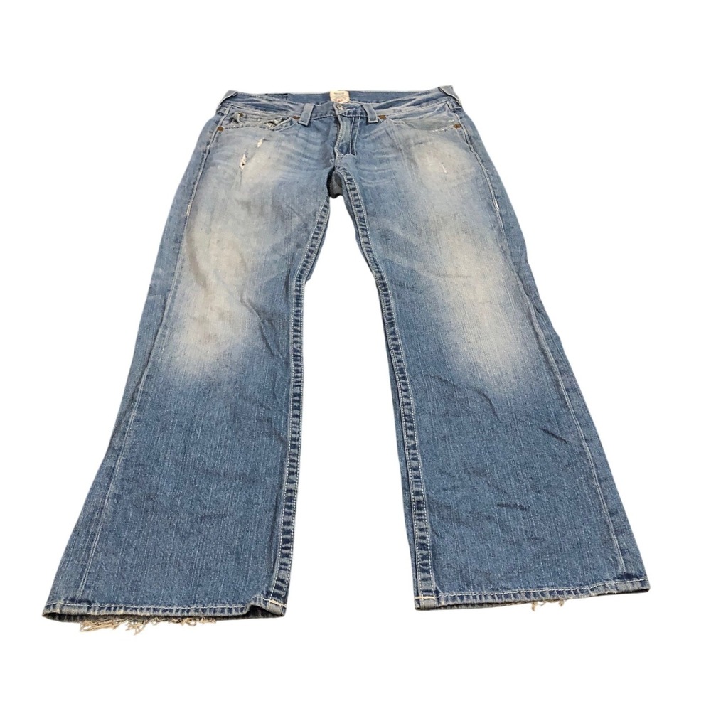 True Religion Boot Cut Jeans Mens 34 Blue Distressed Made in USA N3858B21